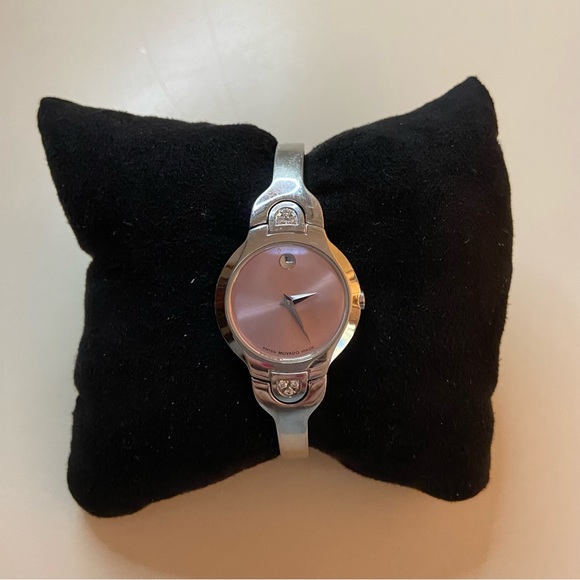 Movado Ladies bangle watch Stainless Steel silver tone w/pink face & diamonds - Picture 2 of 7